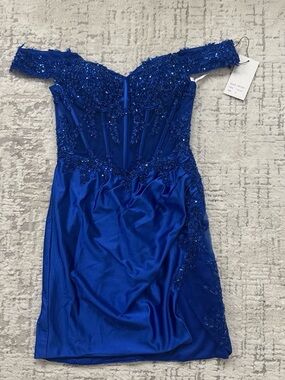 PromGirl Royal Blue Off-Shoulder Sequin Lace Prom Dress